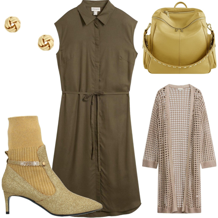 Outfit donna - Chemisier verso l\'autunno. Stile Casual chic per Tutti i giorni. Abbinamento con stivaletti, cardigans, vestiti chemisier, zaini, orecchini.