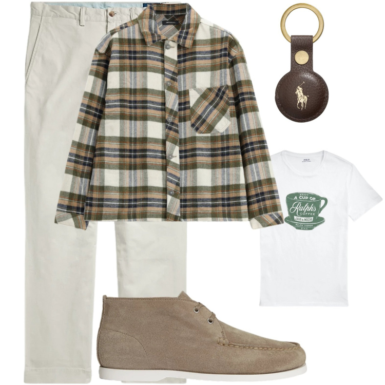 Outfit uomo - Settembre. Stile Urban per Tutti i giorni. Abbinamento con camicie, t-shirt, pantaloni, scarpe stringate, portachiavi.