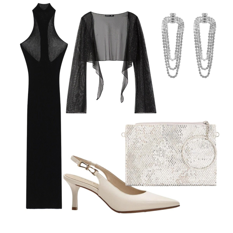 Outfit donna - Matrimonio serale. Stile Chic per Cerimonia. look ideale per Tall. Abbinamento con décolleté, vestiti lunghi, blazer, orecchini, pochette.