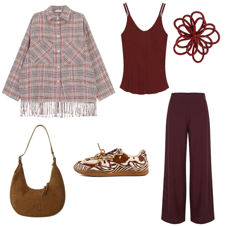 Outfit donna - British farm. Stile Boho per Tutti i giorni. Abbinamento con camicie, borse a spalla, top, pantaloni a palazzo, accessori per capelli, sneakers.