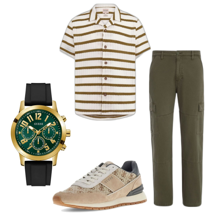 Outfit hombre - Urban style. Estilo Urban para Todos los días. Combinación con pantalones cargo, sneakers, camisas de manga corta, reloj.