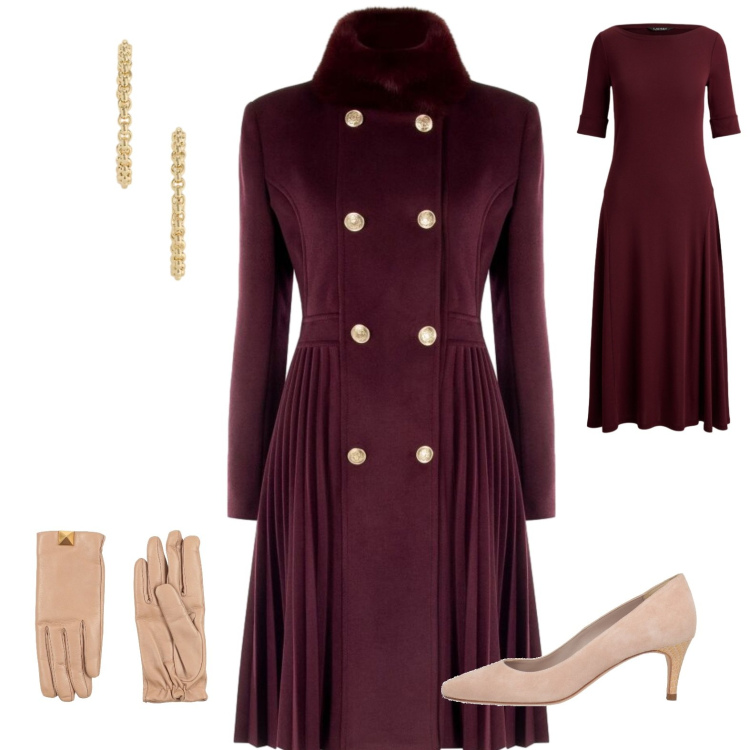 Outfit donna - Princess Kate inspo - autumn. Stile Bon Ton per Serata fuori. Abbinamento con décolleté, guanti, cappotti, vestiti midi/longuette, orecchini.