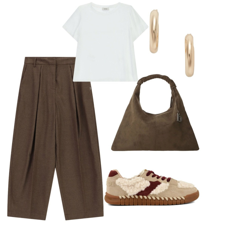 Outfit donna - Primo giorno di scuola. Stile Casual per Scuola/Università. Abbinamento con pantaloni a palazzo, borse a spalla, t-shirt, orecchini, sneakers.