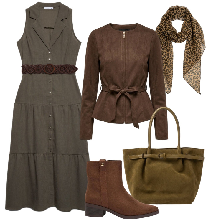Outfit donna - Chemisier di transizione. Stile Casual per Tutti i giorni. Abbinamento con stivaletti, cinture, vestiti chemisier, blazer, foulard, borse a spalla.