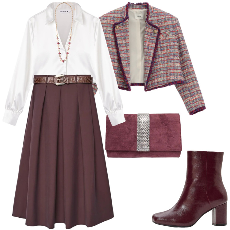 Outfit donna - Total look #2471234. Stile Chic per Tutti i giorni. Abbinamento con stivaletti, camicie, gonne lunghe, blazer, collane, pochette.