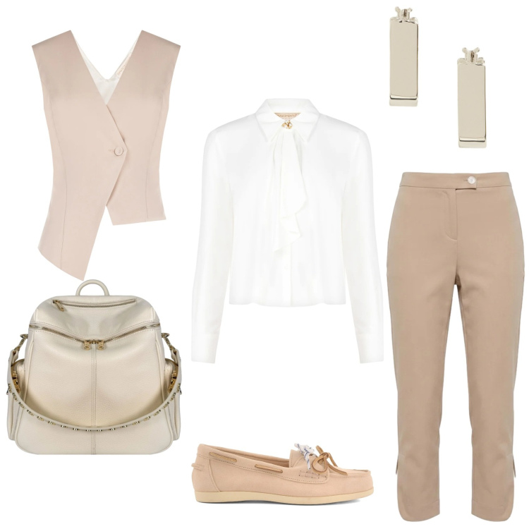 Outfit donna - Total look #2471235. Stile Trendy per Tutti i giorni. Abbinamento con pantaloni, camicie, gilet, zaini, orecchini, mocassini.