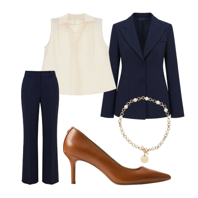 Outfit donna - Invitata alle nozze d’argento 2. Stile Mannish per Cerimonia. Abbinamento con camicie a manica corta, pantaloni, blazer, collane, décolleté.