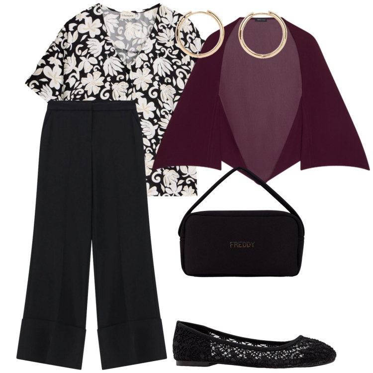 Outfit donna - Spese e spesucce. per Tutti i giorni. Abbinamento con camicie a manica corta, ballerine, orecchini, pantaloni a palazzo, borse a mano, blazer.