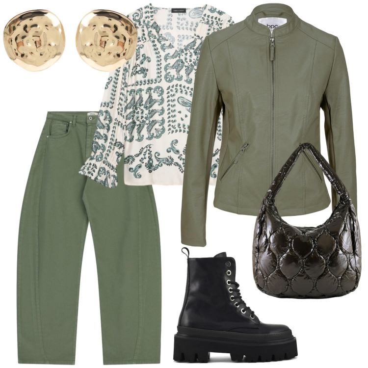 Outfit donna - Urban. per Tutti i giorni. Abbinamento con blazer, pantaloni, orecchini, bluse, borse tote, anfibi.