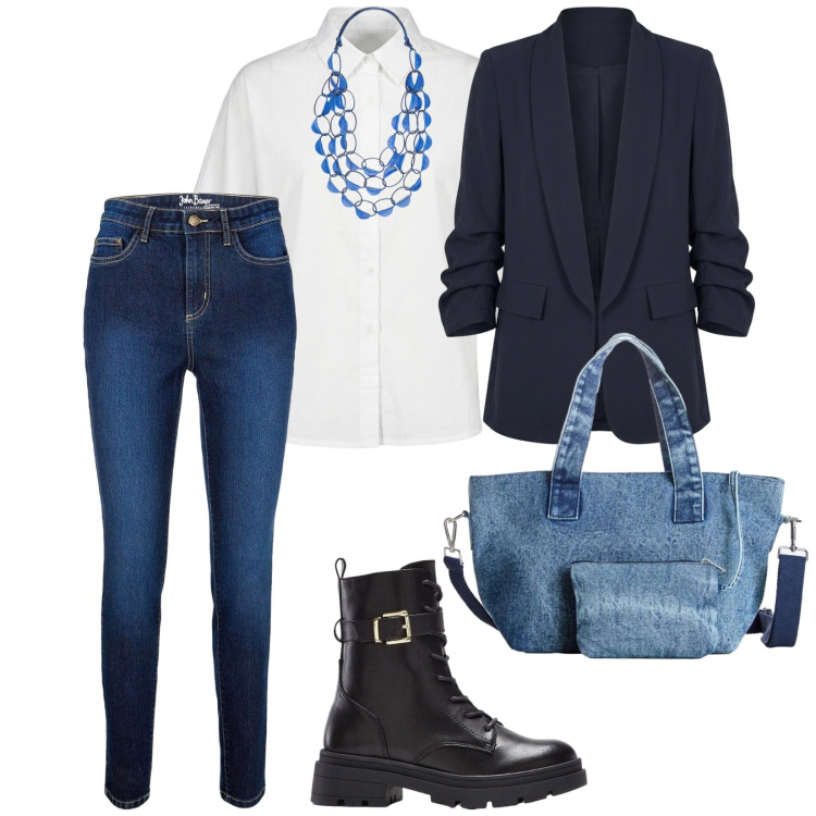 Outfit donna - Al parco. per Tutti i giorni. Abbinamento con jeans skinny, borse a mano, anfibi, collane, blazer, camicie.