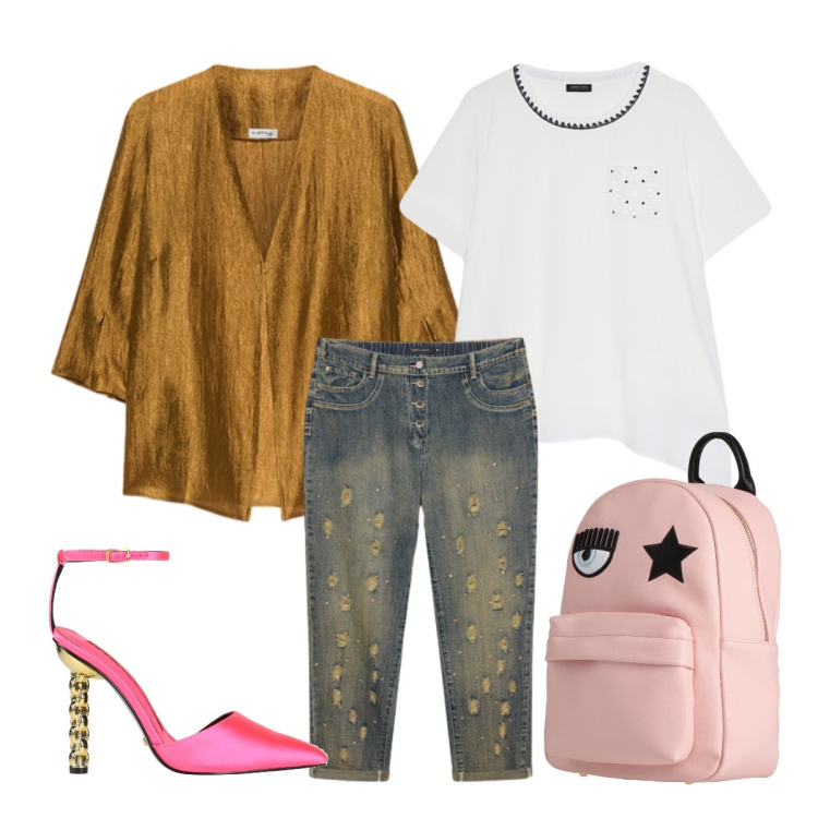 Outfit donna - Fiorella Rubino. Stile Casual chic per Ufficio. Abbinamento con décolleté, zaini, t-shirt, blazer, jeans strappati.