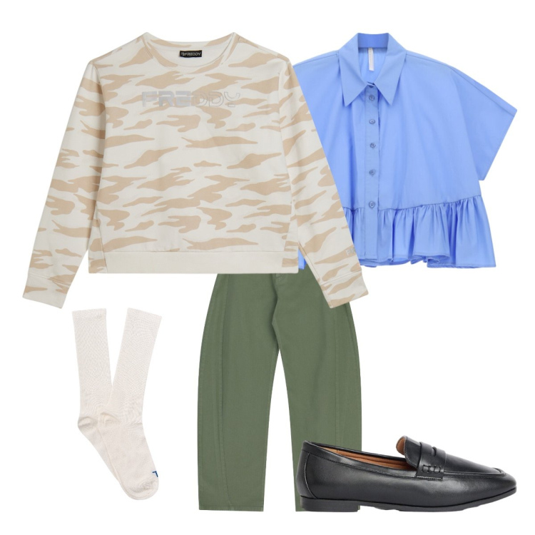 Outfit donna - Settembre. Stile Glamour per Tutti i giorni. Abbinamento con mocassini, camicie a manica corta, pantaloni, calzini, felpe.