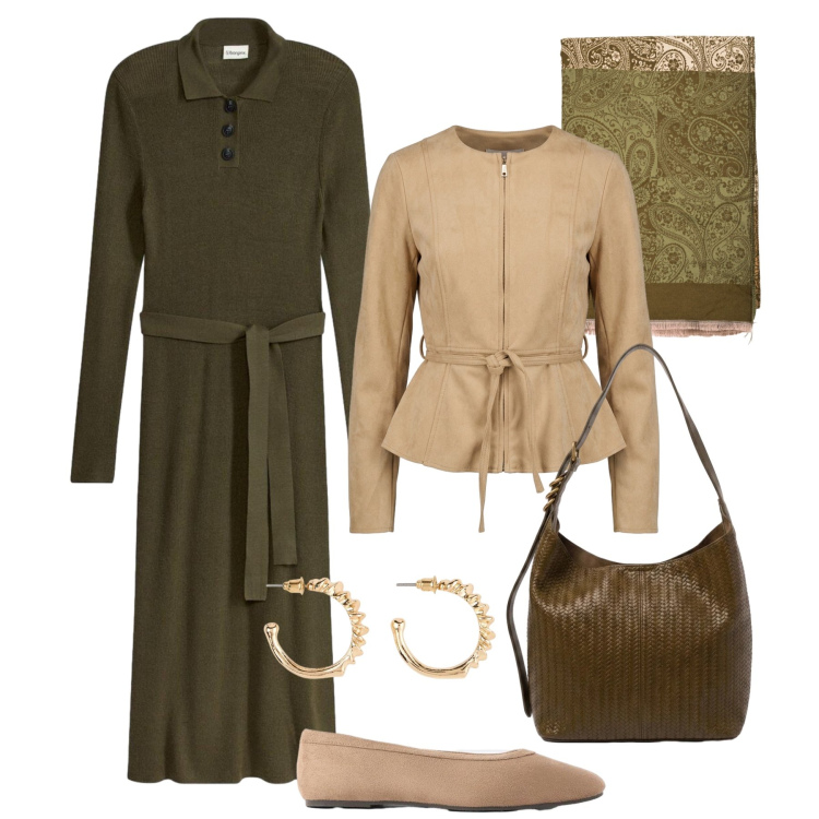 Outfit donna - Eleganza quotidiana. Stile Casual chic per Tutti i giorni. Abbinamento con vestiti midi/longuette, ballerine, orecchini, blazer, borse a spalla, sciarpe.
