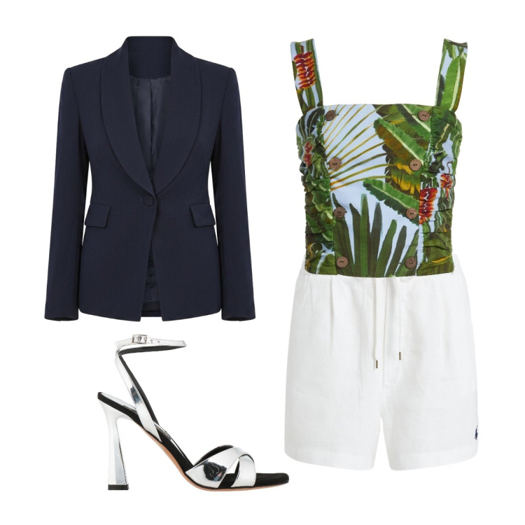 Outfit donna - Evento informale. Stile Casual chic per Serata fuori. Abbinamento con top, sandali in pelle, blazer, shorts.