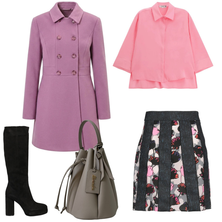 Outfit donna - Total look #2471246. Stile Casual chic per Scuola/Università. Abbinamento con minigonne, stivali, cappotti, camicie, borse a secchiello.