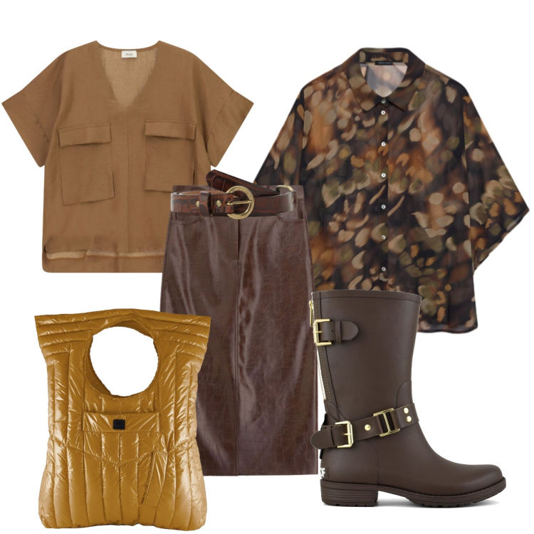 Outfit donna - Easy chic giornaliero. Stile Glamour per Ufficio. Abbinamento con bluse, gonne longuette, cinture, bluse, borse a mano, stivali.