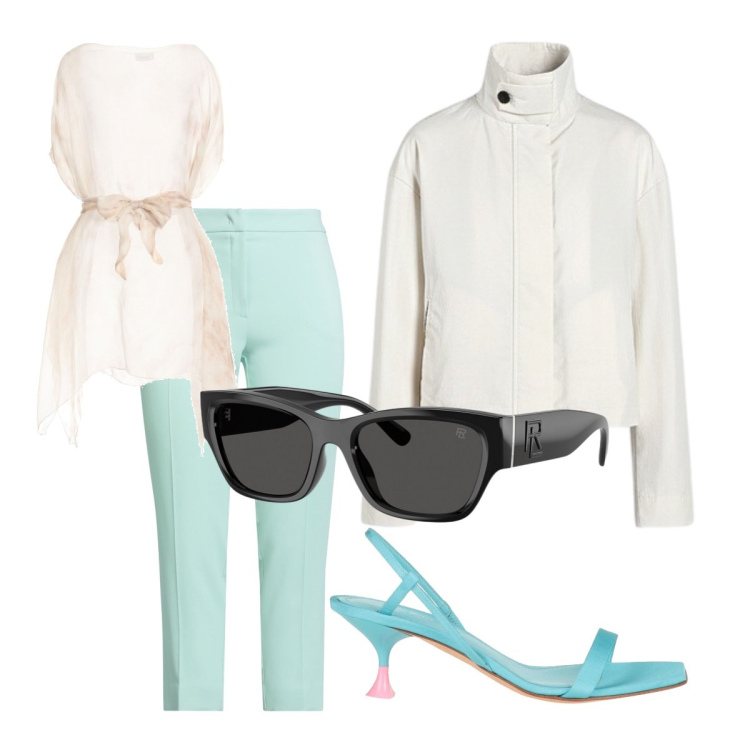 Outfit donna - Nuance leggere curvy. Stile Trendy per Tutti i giorni. Abbinamento con top, pantaloni, sandali in pelle, bomber, occhiali da sole.