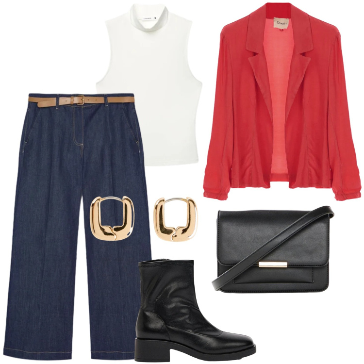 Outfit donna - Total look #2471258. Stile Casual per Ufficio. Abbinamento con orecchini, borse a tracolla, stivaletti, blazer, top, jeans.