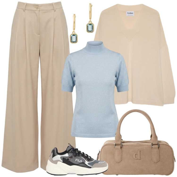 Outfit donna - Beige e celeste polvere. Stile Casual chic per Ufficio. Abbinamento con sneakers, pantaloni, borse a mano, pullovers, maglieria, orecchini.