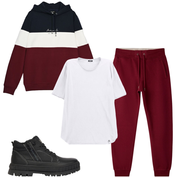 Outfit uomo - Total look #2471264. Stile Urban per Sport. Abbinamento con stivali e stivaletti, t-shirt, pantaloni, felpe con cappuccio.