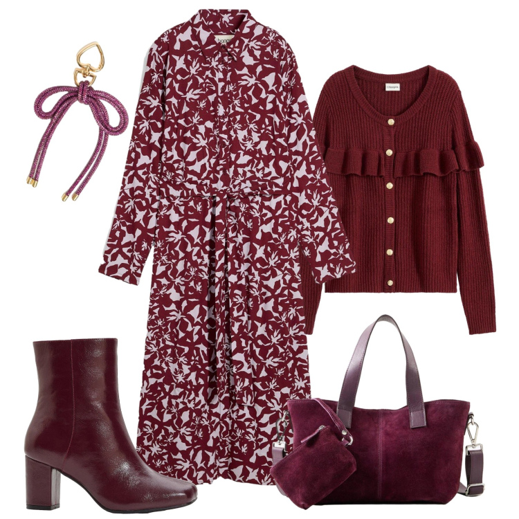 Outfit donna - Monocromia autunnale. Stile Trendy per Tutti i giorni. Abbinamento con vestiti chemisier, stivaletti, cardigans, borse a mano, portachiavi.
