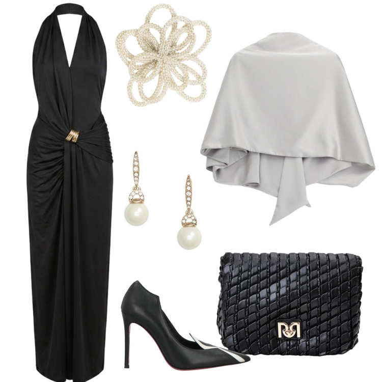 Outfit donna - L\'abito lungo nero e la stola grigia. Stile Glamour per Cerimonia. Abbinamento con décolleté, scialli, borse a tracolla, vestiti lunghi, accessori per capelli, orecchini.