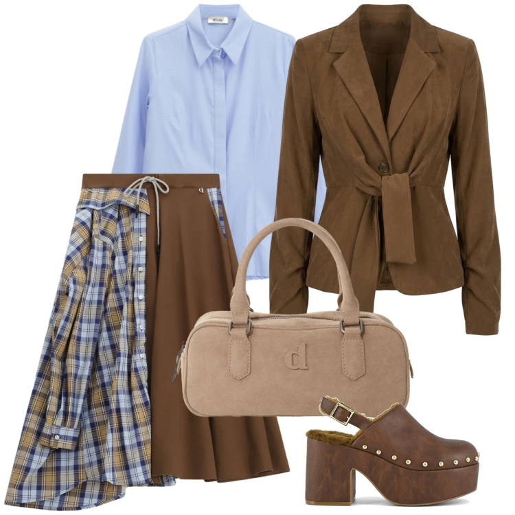 Outfit donna - Tartan & Fall Colors. Stile Urban per Ufficio. Abbinamento con camicie, gonne longuette, borse a mano, blazer, sabot.