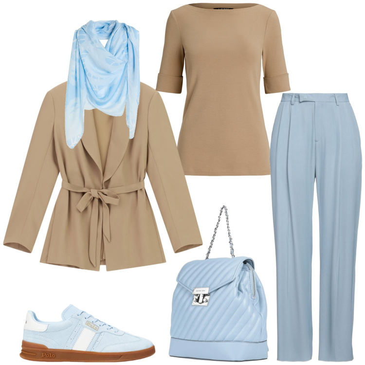 Outfit donna - Total look #2471276. Stile Casual chic per Ufficio. Abbinamento con pantaloni, zaini, sciarpe, blazer, t-shirt, sneakers.