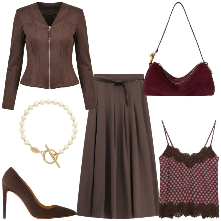 Outfit donna - Total look #2471281. Stile Chic per Serata fuori. Abbinamento con gonne lunghe, top, blazer, décolleté, braccialetti, borse a spalla.