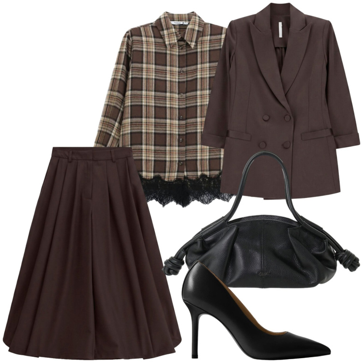 Outfit donna - Tartan & Fall Colors. Stile Trendy per Tutti i giorni. Abbinamento con blazer, pantaloni culotte, borse a mano, camicie, décolleté.