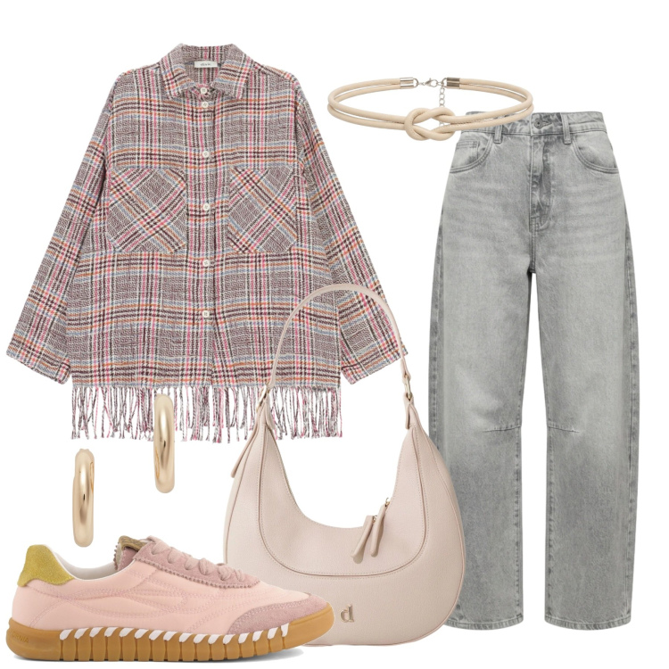 Outfit donna - Frange e check. Stile Casual per Tutti i giorni. Abbinamento con camicie, borse a tracolla, jeans mom, cinture, orecchini, sneakers.