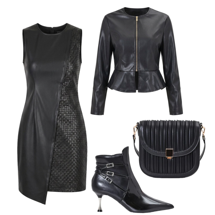Outfit donna - Pelle nera chic audace. Stile Trendy per Serata fuori. Abbinamento con vestiti asimmetrici, borse a tracolla, stivaletti, blazer.