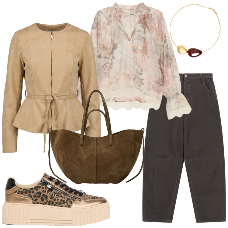 Outfit donna - Total look #2471289. Stile Romantica per Ufficio. Abbinamento con sneakers, bluse, pantaloni, blazer, borse tote, collane.