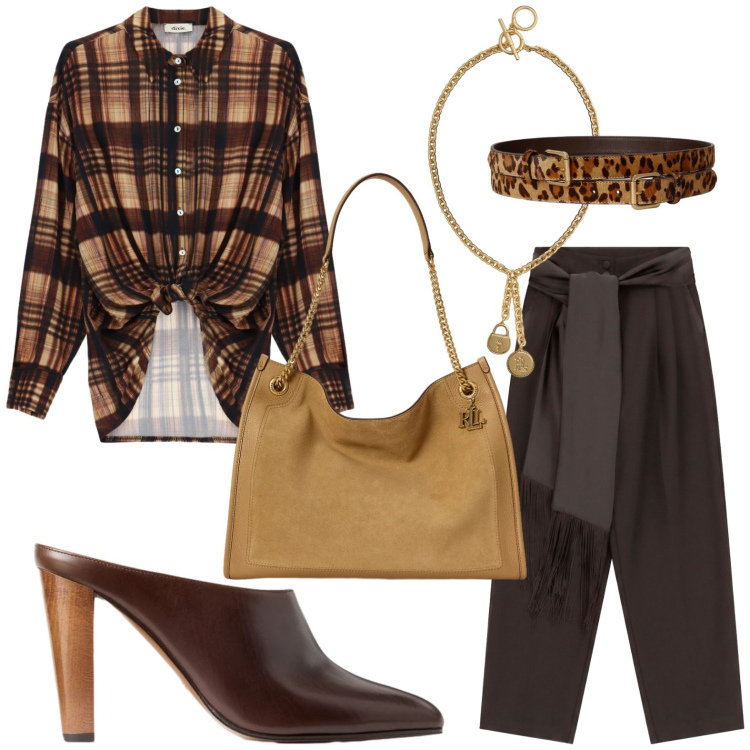 Outfit donna - Tartan & Fall Colors. Stile Glamour per Tutti i giorni. Abbinamento con pantaloni a palazzo, camicie, sabot, borse tote, cinture, ciondoli.