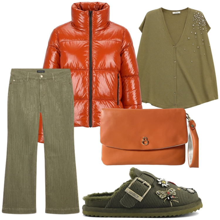 Outfit donna - Orange style. Stile Basic per Serata fuori. Abbinamento con maglieria, pantaloni, pochette, piumini, sabot.