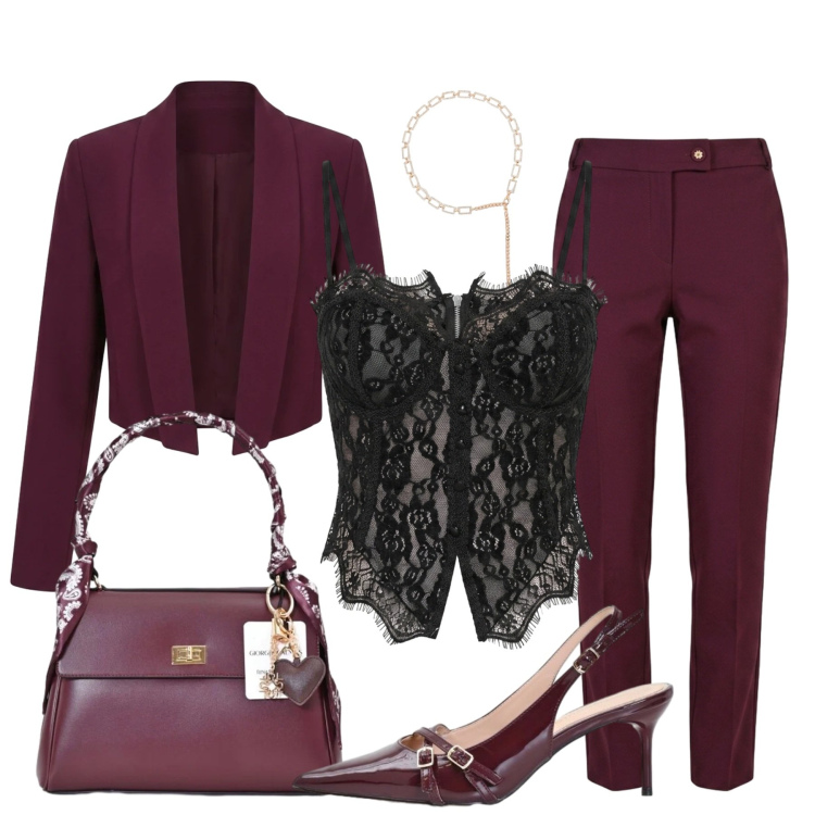 Outfit donna - Quel tocco glam. Stile Chic per Serata fuori. Abbinamento con top, décolleté, cinture, blazer, pantaloni, borse a mano.