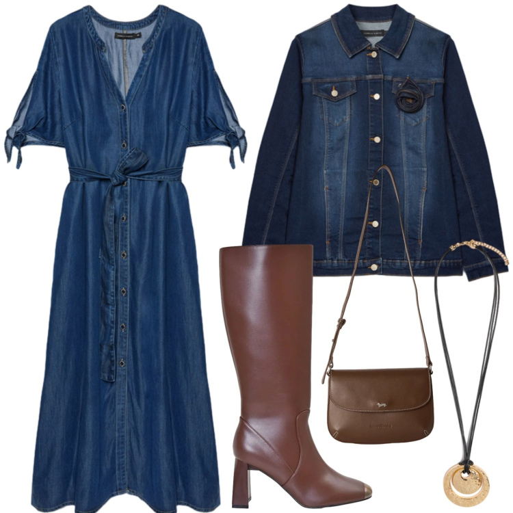 Outfit donna - Il vestito chemisier autunnale. Stile Glamour per Tutti i giorni. Abbinamento con borse a tracolla, stivali sopra il ginocchio, vestiti chemisier, cappotti, ciondoli.
