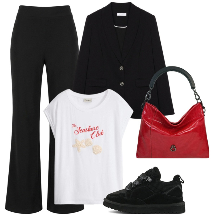 Outfit donna - Lavoro. Stile Basic per Ufficio. Abbinamento con t-shirt, blazer, borse a mano, pantaloni, sneakers alte.