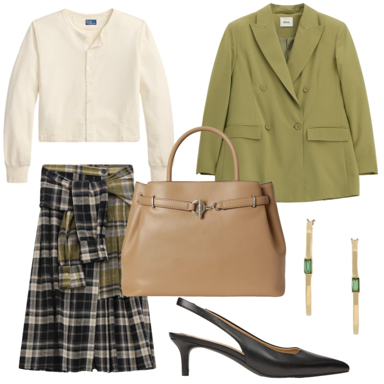 Outfit donna - Tartan & Fall Colors. Stile Glamour per Tutti i giorni. Abbinamento con blazer, gonne longuette, décolleté, orecchini, cardigans, borse a mano.