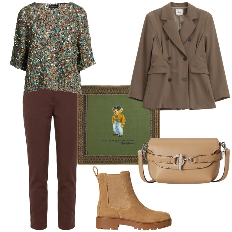 Outfit donna - I colori dell’autunno. Stile Trendy per Tutti i giorni. Abbinamento con pullovers, pantaloni, blazer, stivaletti, borse a tracolla, foulard.