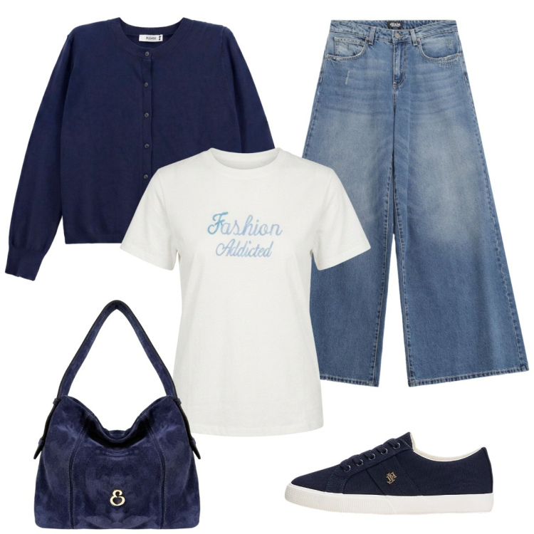 Outfit donna - Rientro a scuola. Stile Casual per Scuola/Università. Abbinamento con jeans, cardigans, borse a spalla, t-shirt, sneakers.