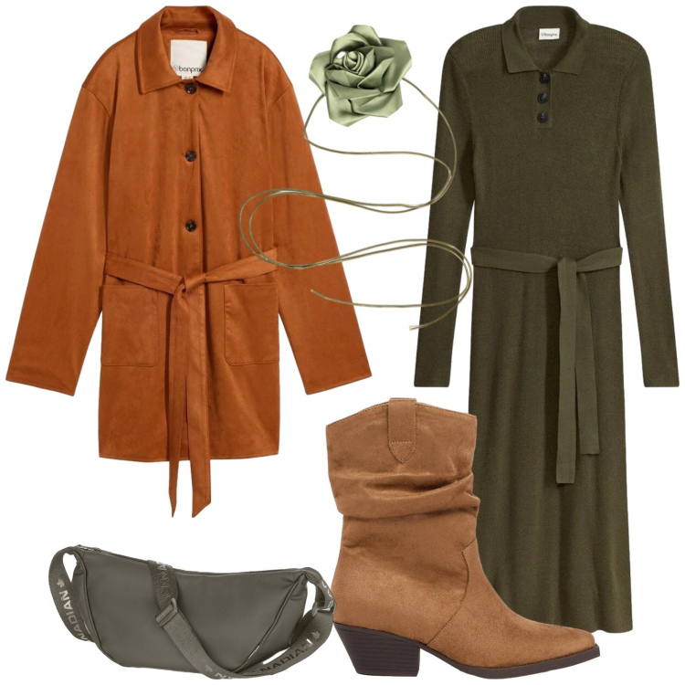 Outfit donna - Eleganza per il rientro. Stile Casual per Serata fuori. Abbinamento con trench, vestiti midi/longuette, stivaletti texani, borse a tracolla, collane.