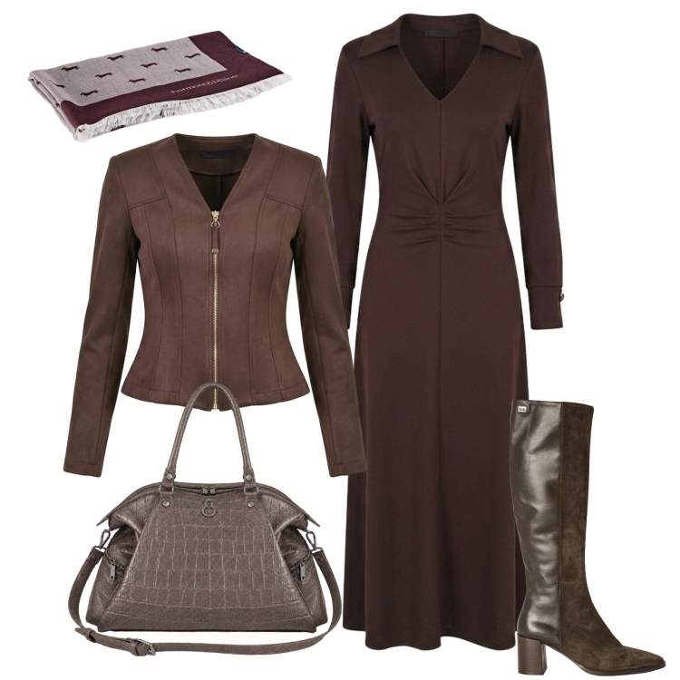 Outfit donna - Raffinata tutto il giorno. Stile Glamour per Tutti i giorni. Abbinamento con sciarpe, stivali, blazer, vestiti midi/longuette, shopping bag.
