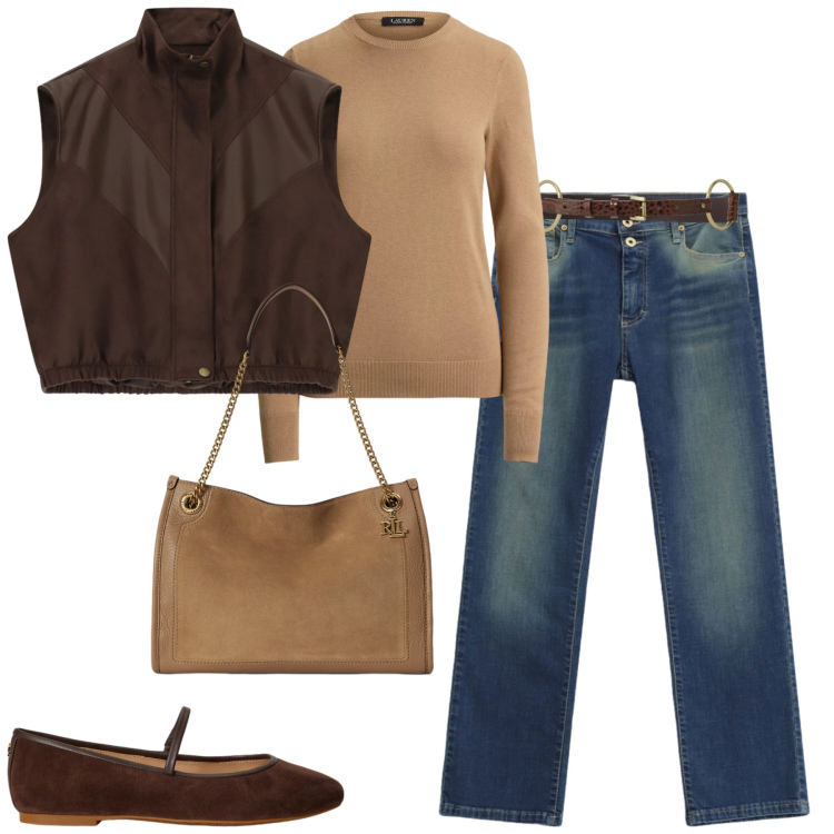 Outfit donna - Fall. Stile Casual chic per Tutti i giorni. Abbinamento con gilet, cinture, jeans slim fit, ballerine, borse tote, maglieria.