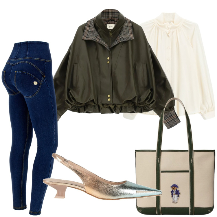 Outfit donna - Bomber metropolitano. Stile Basic per Ufficio. Abbinamento con décolleté, camicie, giacche, jeggings, borse tote.