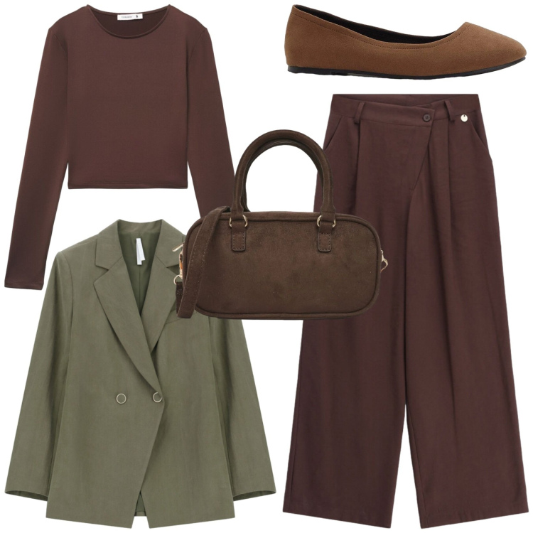 Outfit donna - Colori autunnali. Stile Casual chic per Tutti i giorni. Abbinamento con ballerine, blazer, pantaloni a palazzo, t-shirt, borse a tracolla.