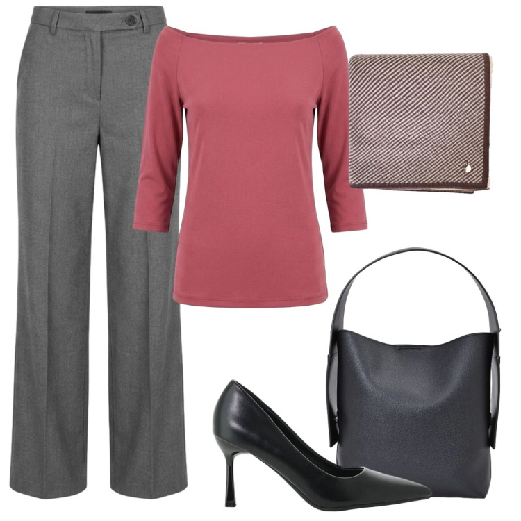 Outfit donna - Sere di settembre. Stile Basic per Serata fuori. Abbinamento con décolleté, borse a spalla, sciarpe, pantaloni a palazzo, t-shirt.