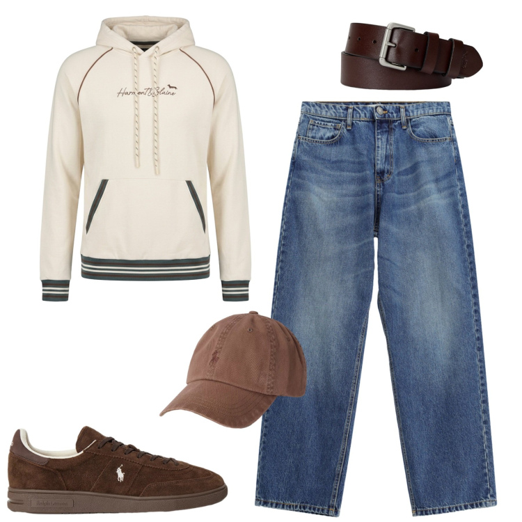 Outfit uomo - City. Stile Casual per Tutti i giorni. Abbinamento con felpe con cappuccio, jeans, cinture, sneakers, cappelli con visiera.