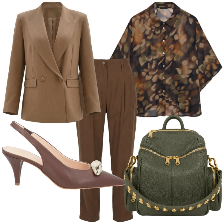 Outfit donna - Colori terrosi. Stile Casual per Ufficio. Abbinamento con décolleté, blazer, bluse, zaini, pantaloni.