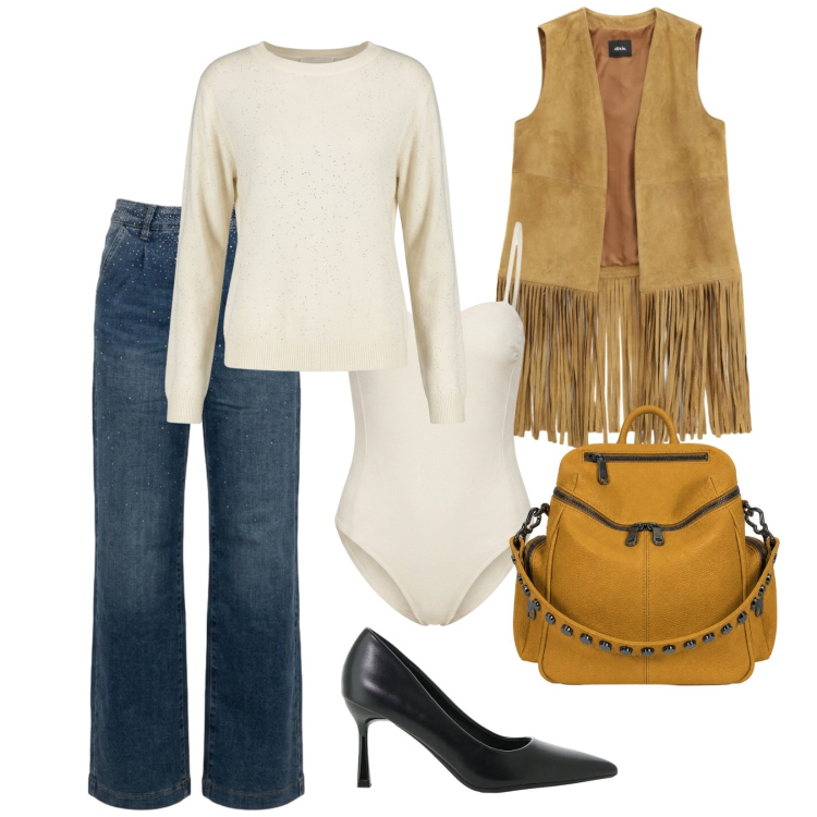 Outfit donna - Settembre. Stile Etnico per Tutti i giorni. Abbinamento con décolleté, gilet, zaini, maglieria, body, jeans.